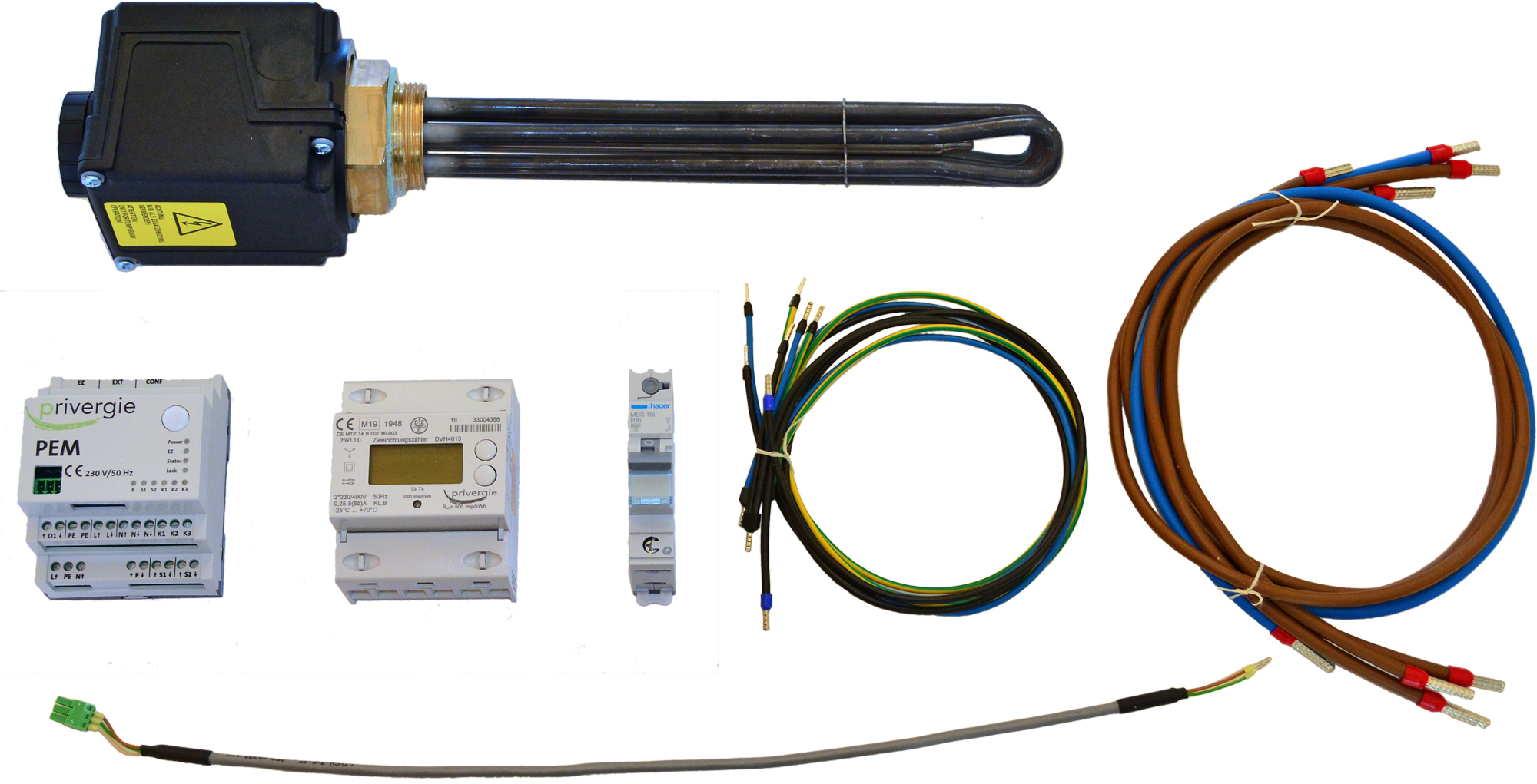 privergie Komplettpaket mit Energiemanager, Energiezähler, Heizstab und Anschlusszubehör
